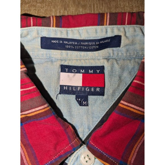 Tommy Hilfiger Men's Long Sleeve Medium button Up plaid ColorBlock Y2k - Picture 2 of 7